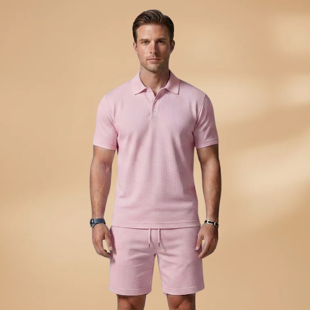 Men Polo Shirt Set with Button Placket and Drawstring Shorts