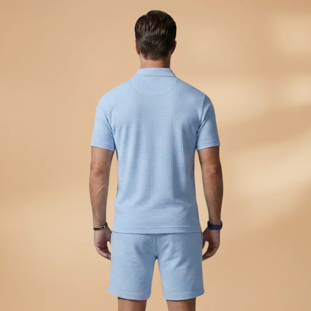 Men Polo Shirt Set with Button Placket and Drawstring Shorts