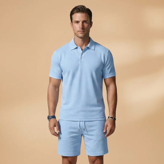 Men Polo Shirt Set with Button Placket and Drawstring Shorts