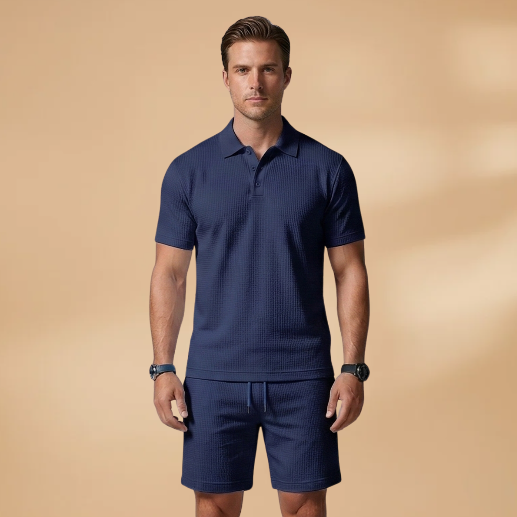 Men Polo Shirt Set with Button Placket and Drawstring Shorts