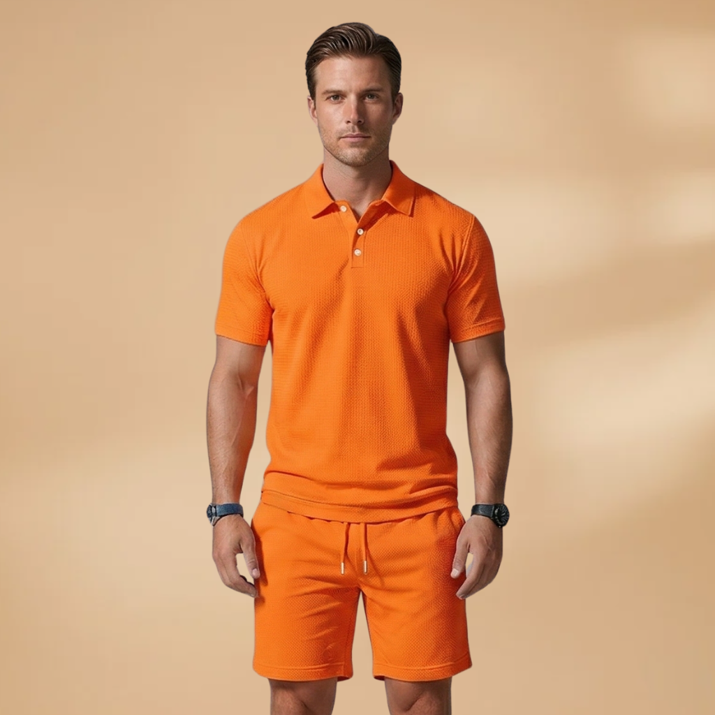 Men Polo Shirt Set with Button Placket and Drawstring Shorts