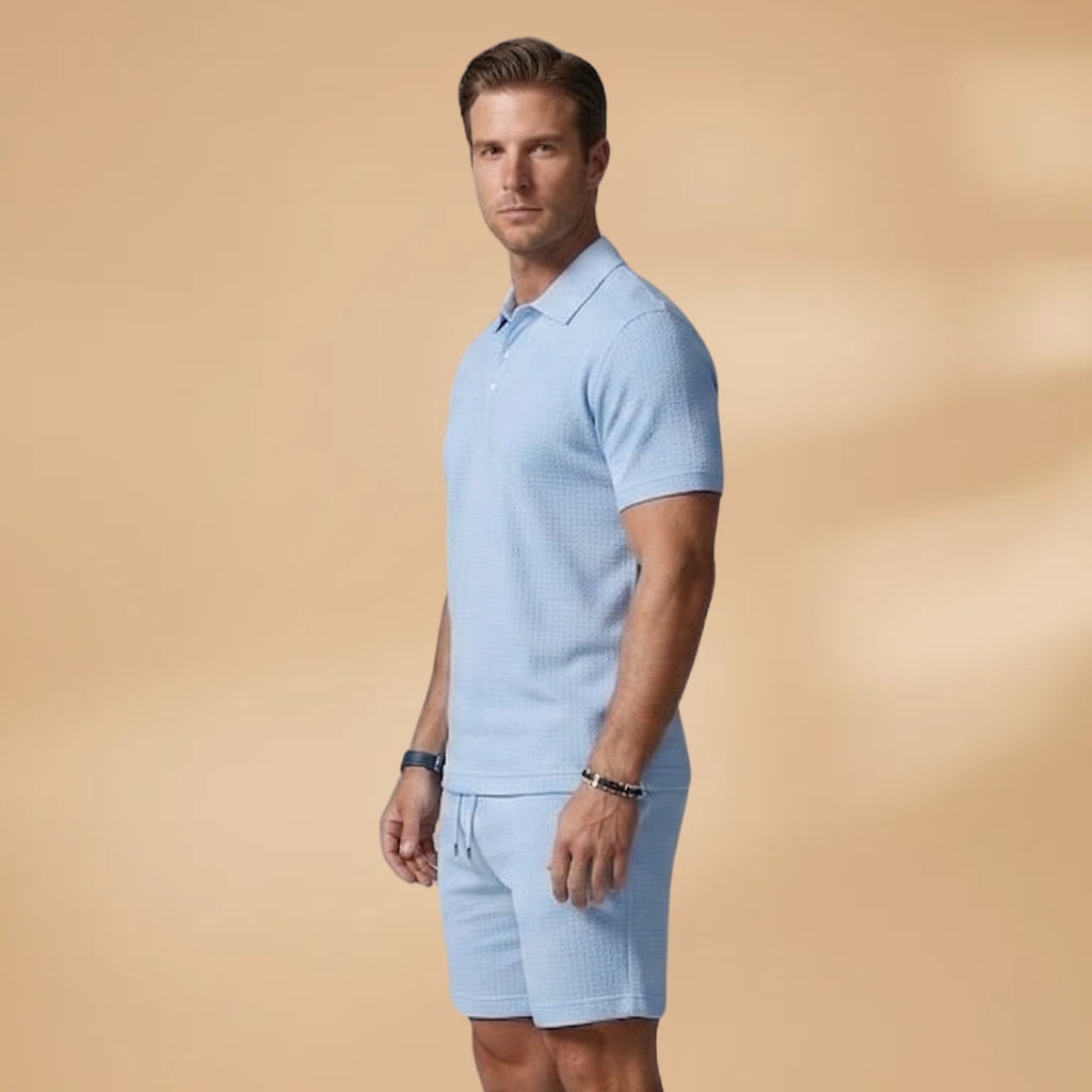 Men Polo Shirt Set with Button Placket and Drawstring Shorts