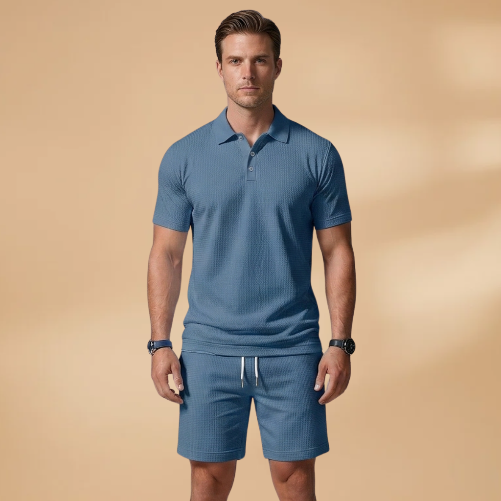 Men Polo Shirt Set with Button Placket and Drawstring Shorts
