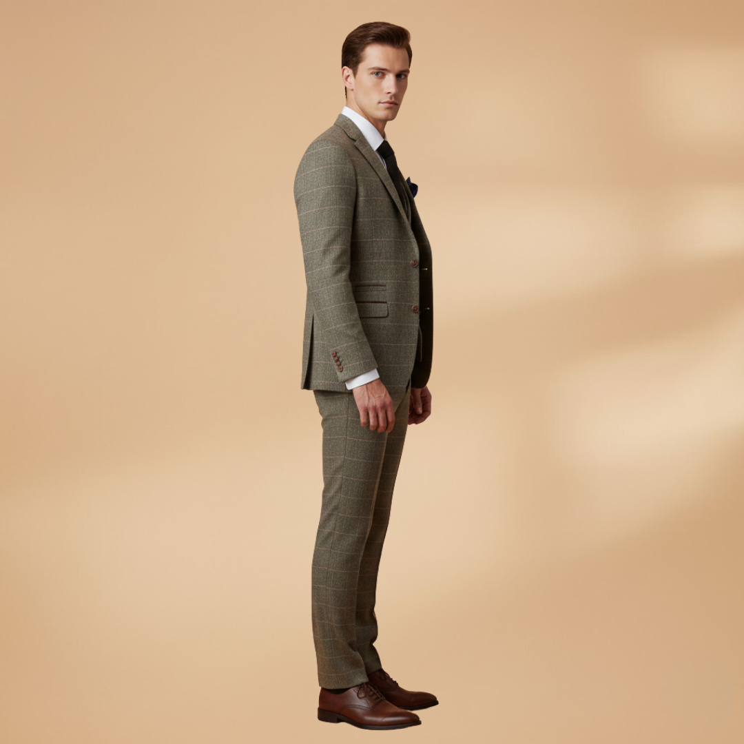 Men’s Three-Piece Check Suit with Waistcoat-Jacket and Trousers Set