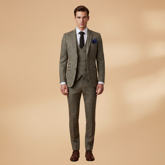 Men’s Three-Piece Check Suit with Waistcoat-Jacket and Trousers Set