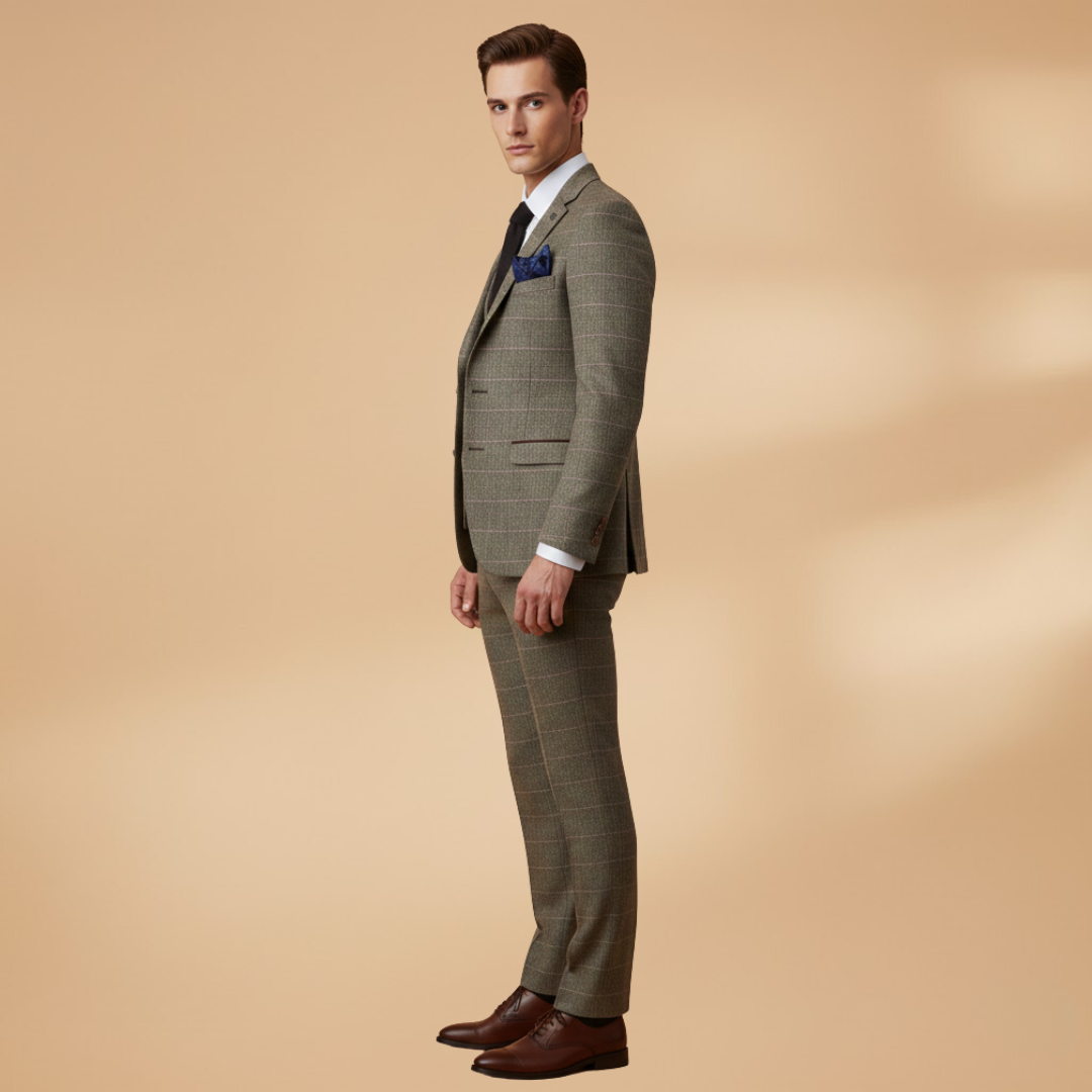 Men’s Three-Piece Check Suit with Waistcoat-Jacket and Trousers Set