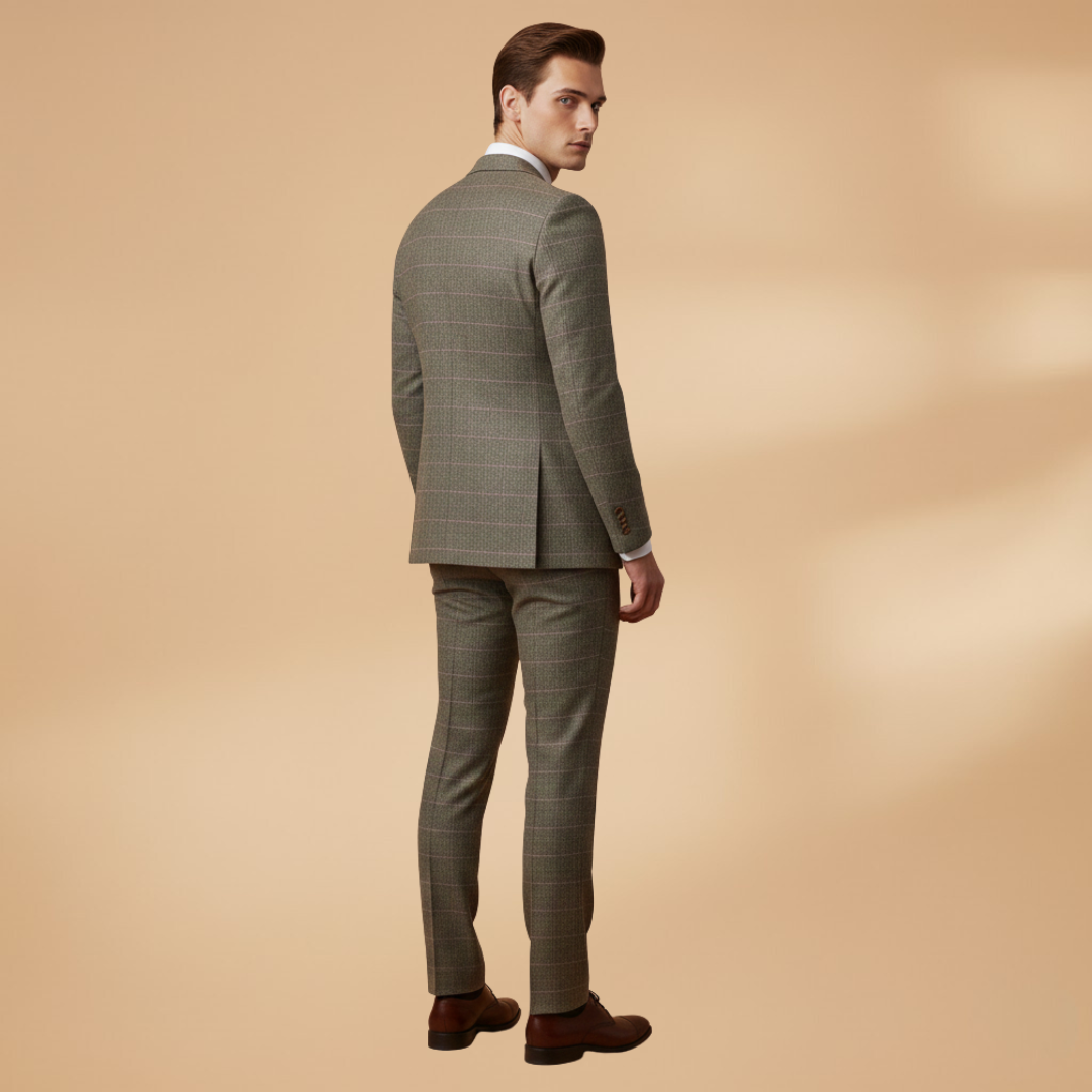 Men’s Three-Piece Check Suit with Waistcoat-Jacket and Trousers Set