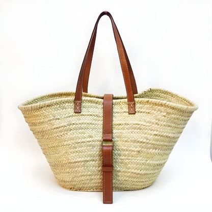 Natural Straw Shoulder Bag with Leather Straps – Handwoven Beach Tote