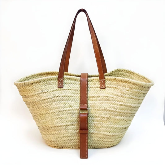 Natural Straw Shoulder Bag with Leather Straps – Handwoven Beach Tote