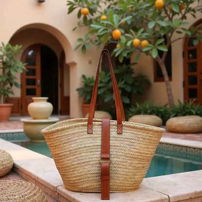 Natural Straw Shoulder Bag with Leather Straps – Handwoven Beach Tote