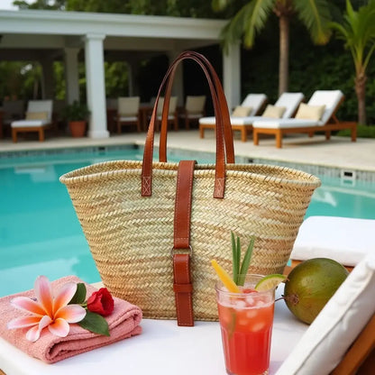 Natural Straw Shoulder Bag with Leather Straps – Handwoven Beach Tote