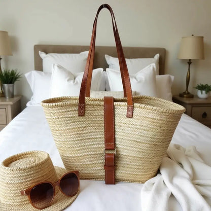 Natural Straw Shoulder Bag with Leather Straps – Handwoven Beach Tote