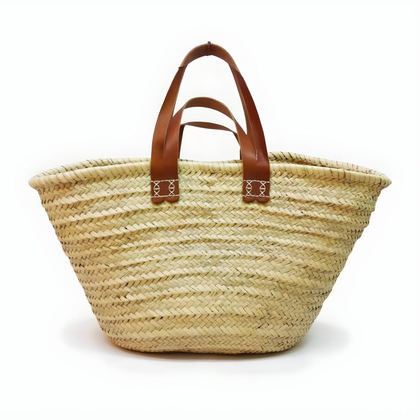 Natural Straw Tote Bag with Dual Leather Handles – Handwoven Beach Basket