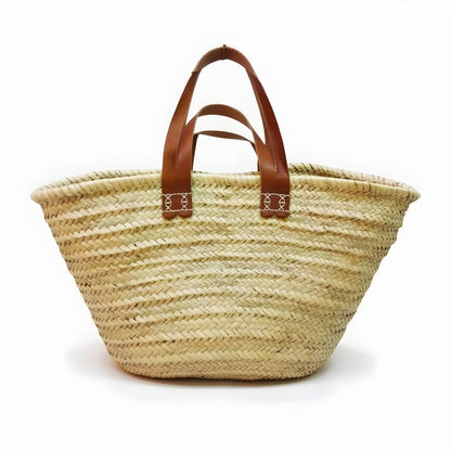 Natural Straw Tote Bag with Dual Leather Handles – Handwoven Beach Basket