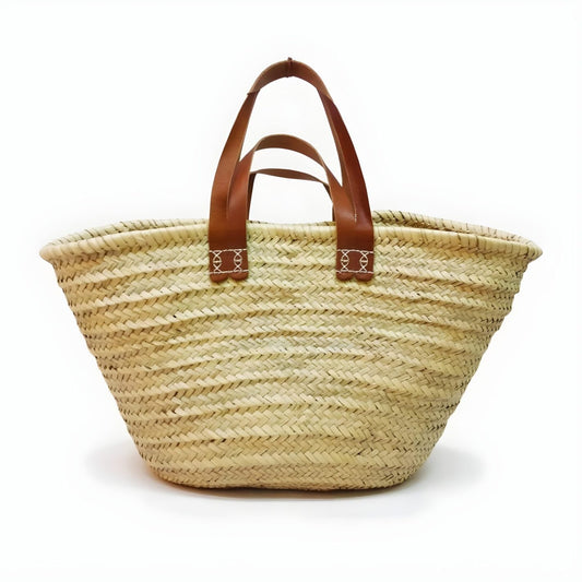 Natural Straw Tote Bag with Dual Leather Handles – Handwoven Beach Basket