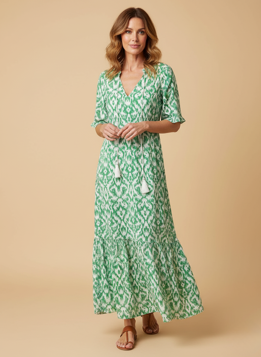 Women’s Dress – Boho Maxi Dress with Tassel Detail
