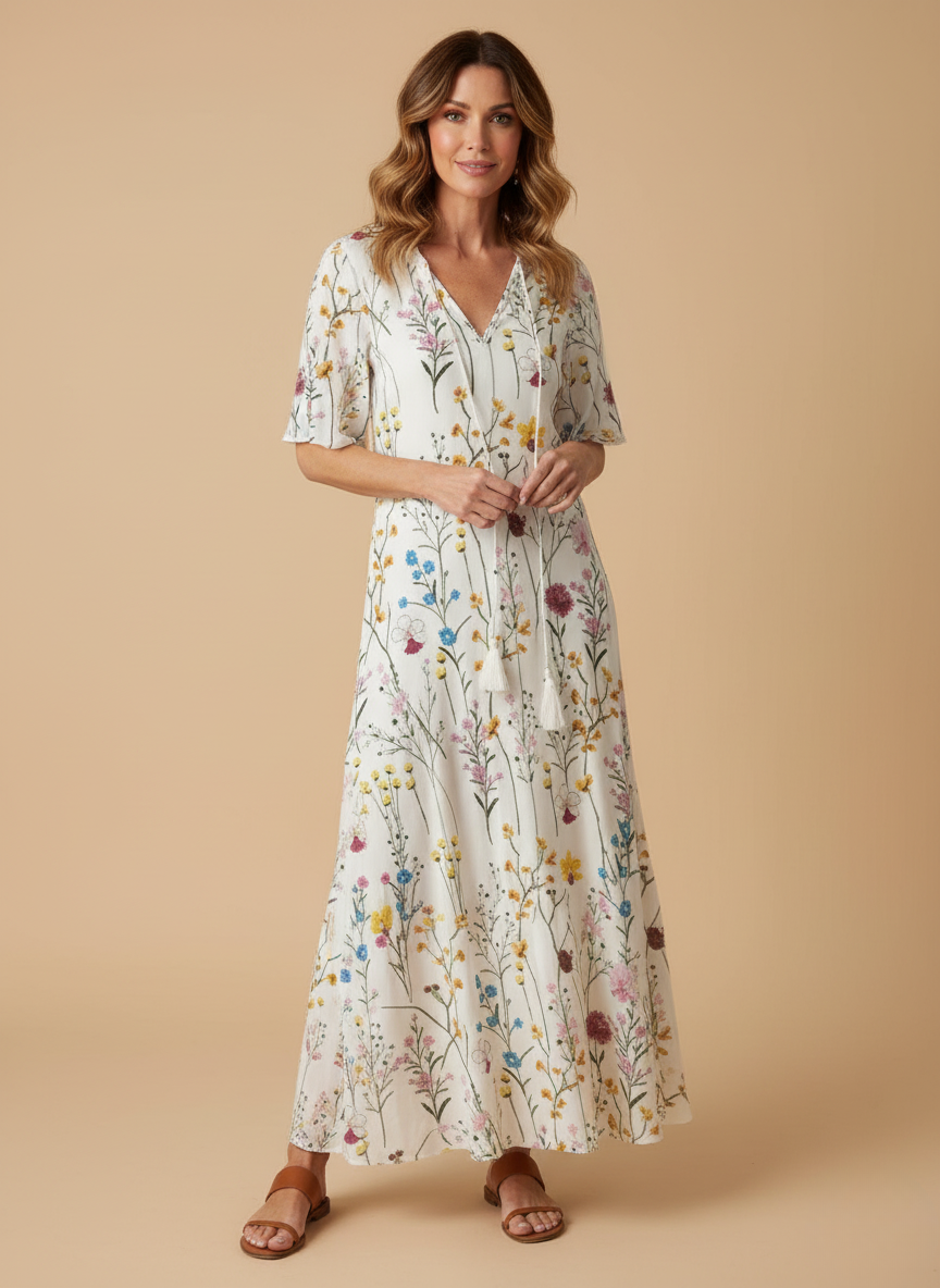 Women’s Dress – Boho Maxi Dress with Tassel Detail