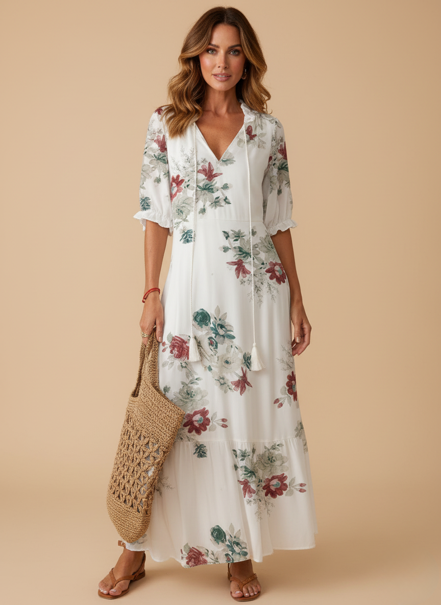 Women’s Dress – Boho Maxi Dress with Tassel Detail
