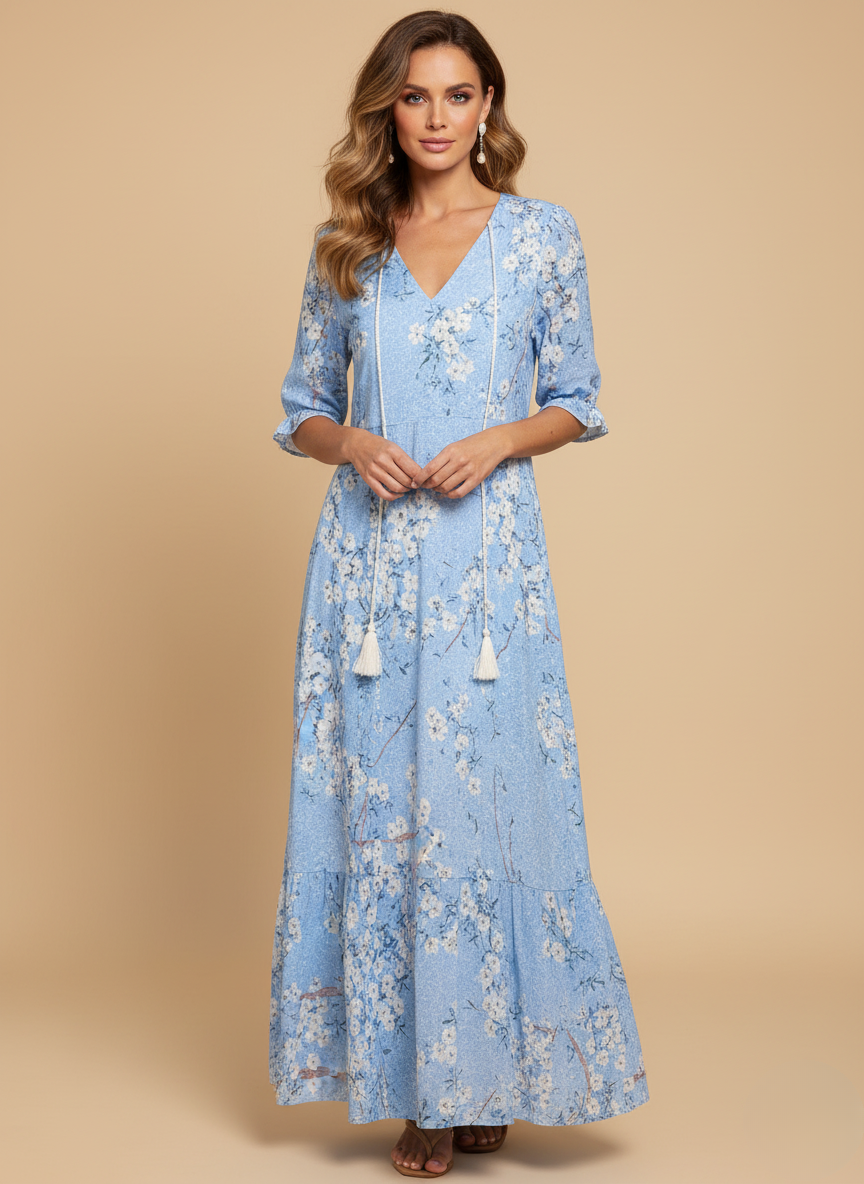 Women’s Dress – Boho Maxi Dress with Tassel Detail