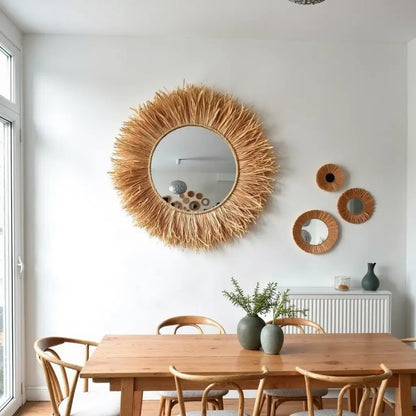 Round Boho Mirror With Handmade Straw Frame