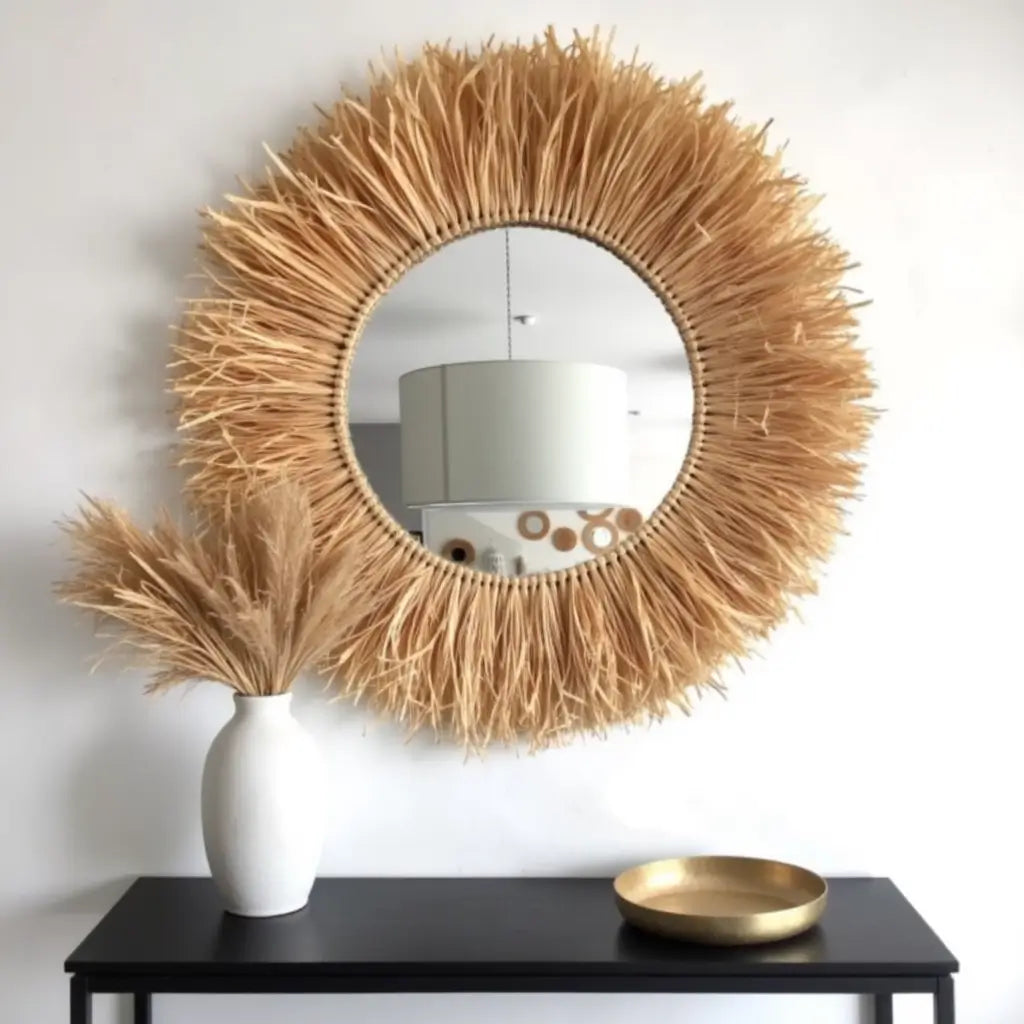 Round Boho Mirror With Handmade Straw Frame