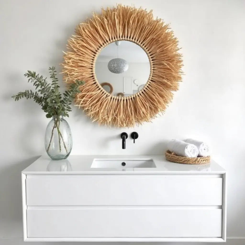 Round Boho Mirror With Handmade Straw Frame