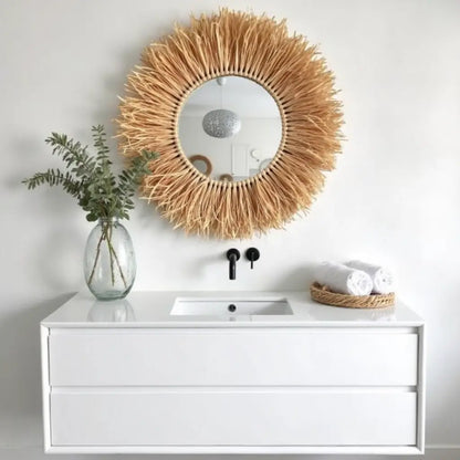 Round Boho Mirror With Handmade Straw Frame
