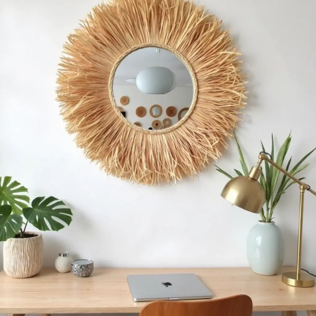 Round Boho Mirror With Handmade Straw Frame