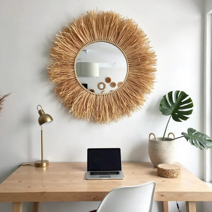 Round Boho Mirror With Handmade Straw Frame