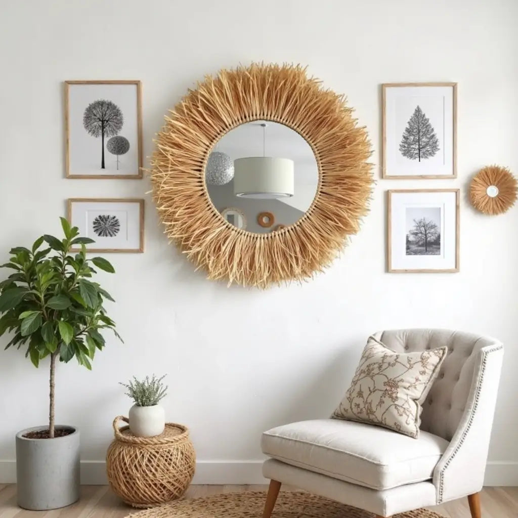 Round Boho Mirror With Handmade Straw Frame