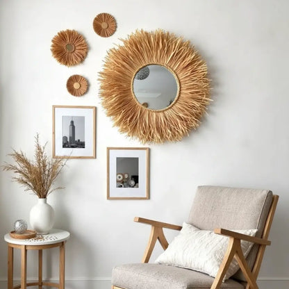 Round Boho Mirror With Handmade Straw Frame