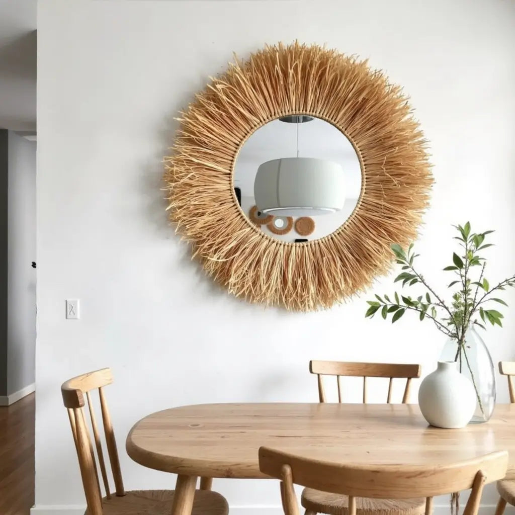 Round Boho Mirror With Handmade Straw Frame