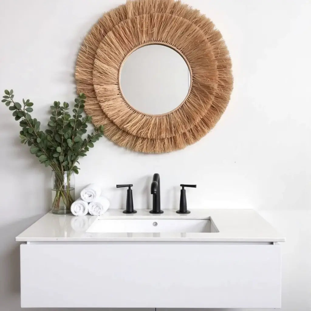 Round Farmhouse Mirror With Straw