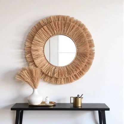 Round Farmhouse Mirror With Straw
