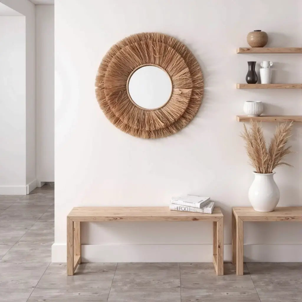 Round Farmhouse Mirror With Straw
