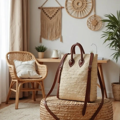 Handwoven Straw Backpack Purse – Convertible Natural Fiber Tote with Leather …