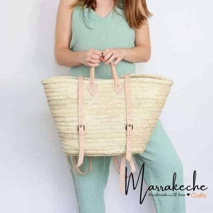 Convertible Straw Backpack with Leather Straps – Handwoven Beach Tote