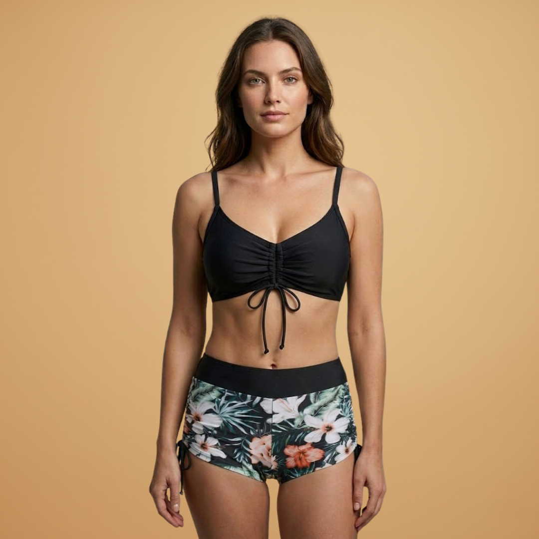 Women’s Bikini Set with Adjustable Tie-Front Top and High-Waisted Shorts