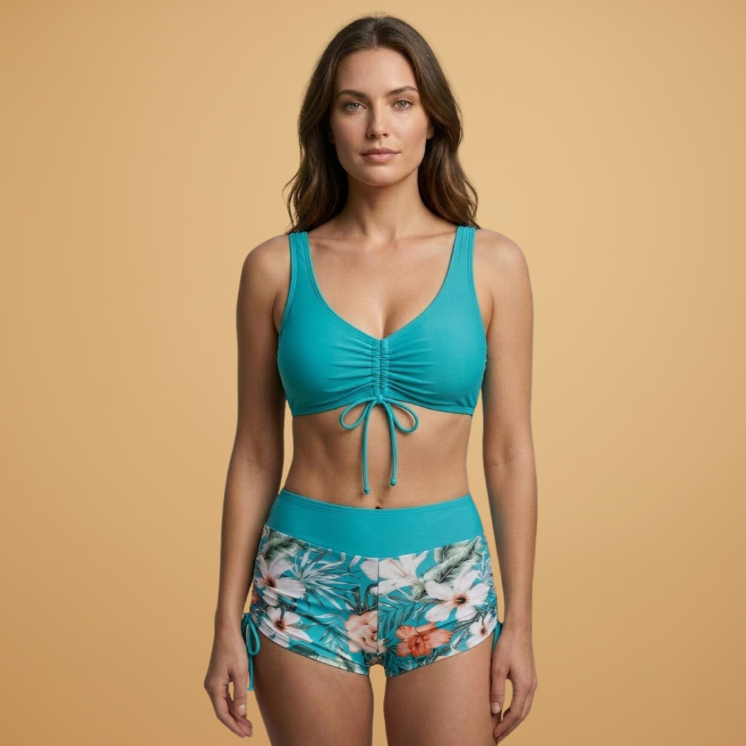 Women’s Bikini Set with Adjustable Tie-Front Top and High-Waisted Shorts