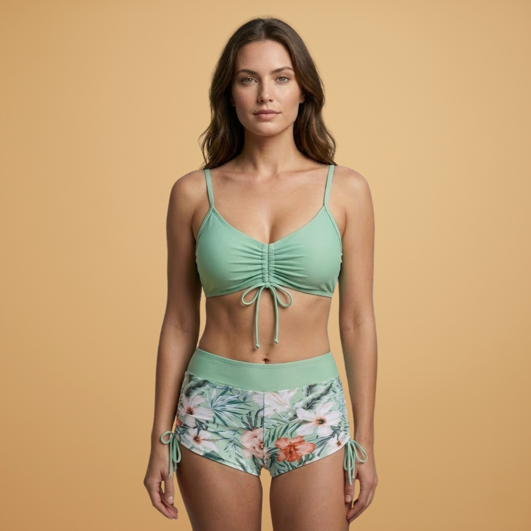 Women’s Bikini Set with Adjustable Tie-Front Top and High-Waisted Shorts