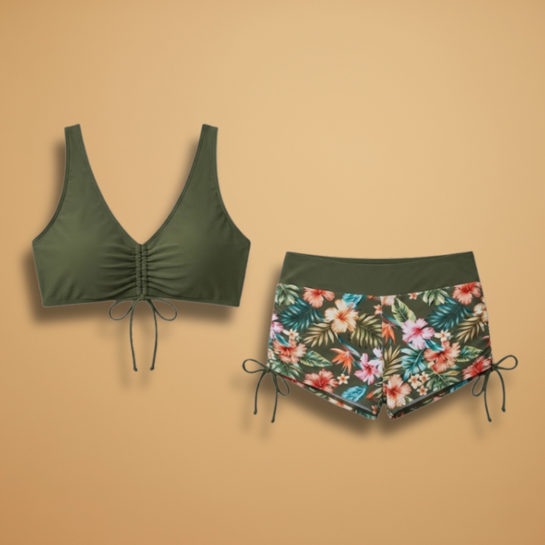 Women’s Bikini Set with Adjustable Tie-Front Top and High-Waisted Shorts