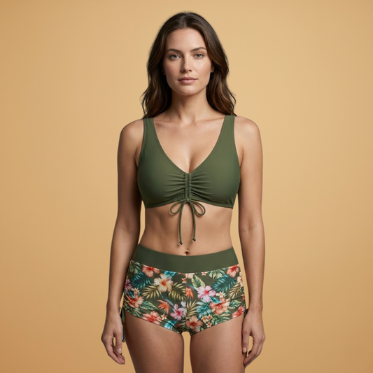 Women’s Bikini Set with Adjustable Tie-Front Top and High-Waisted Shorts