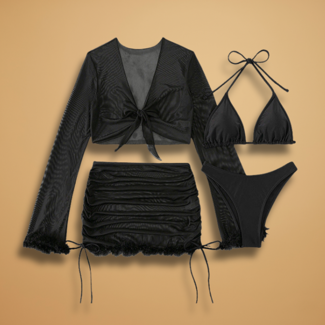 Women's Bikini Set with Ruffle Details and Long Sleeve Cover