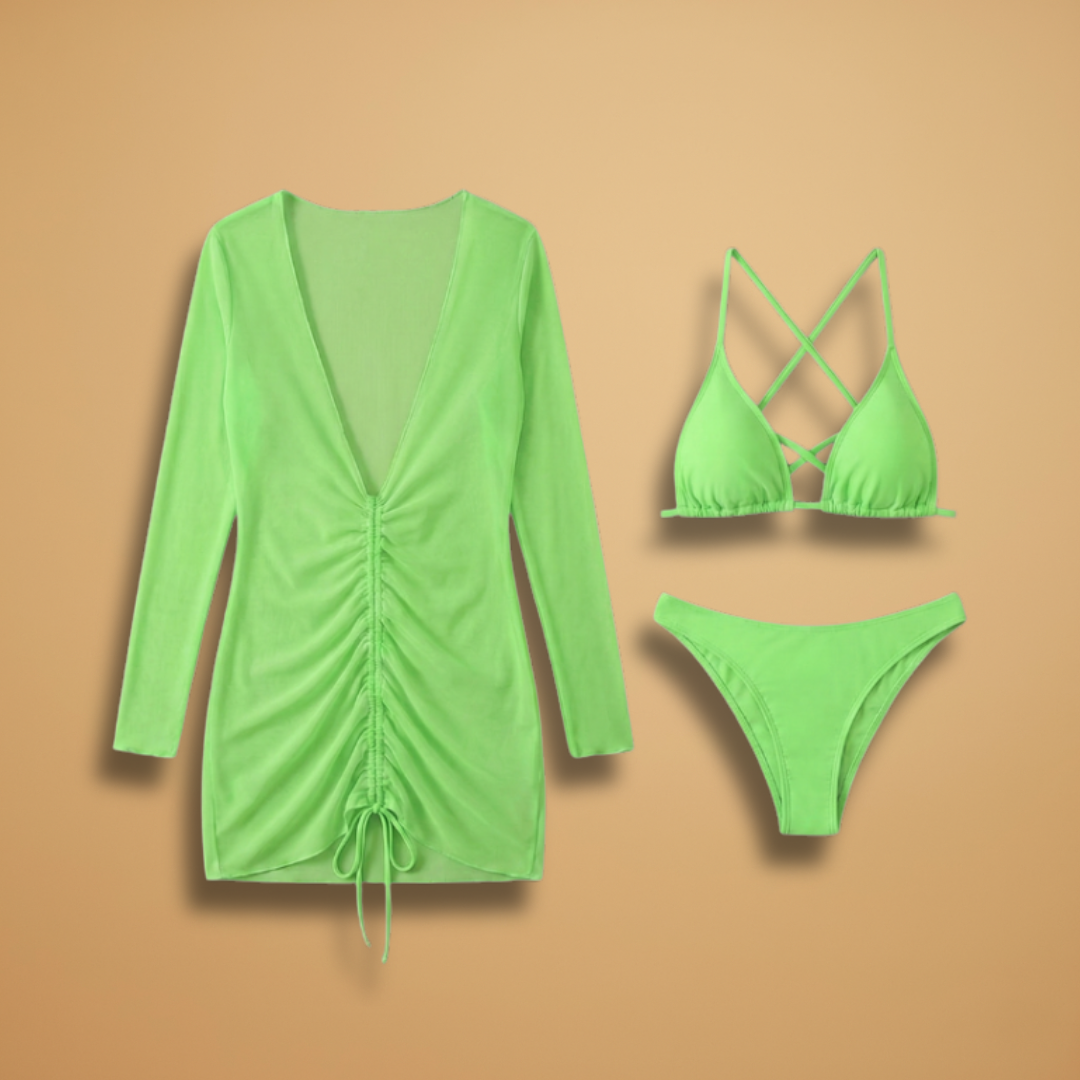 Women’s Bikini Three-Piece Set with Solid Colour and Breast Padding