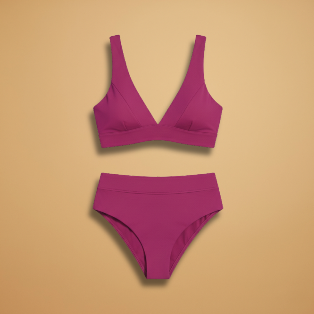 Women's High-Waisted Bikini Set with V-Neck Design and Stretch Fabric