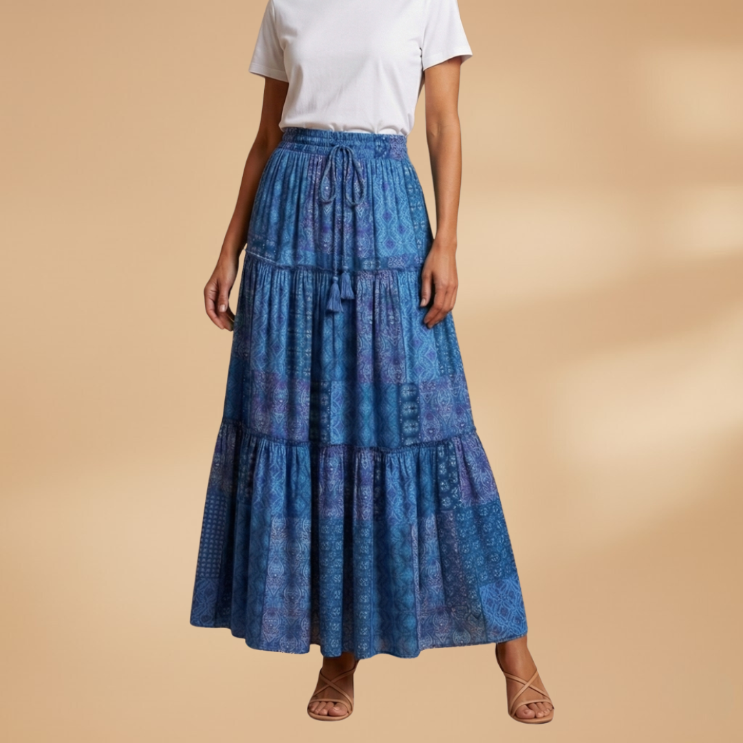 Women’s Long Skirt with Waistband and Pleated Surface
