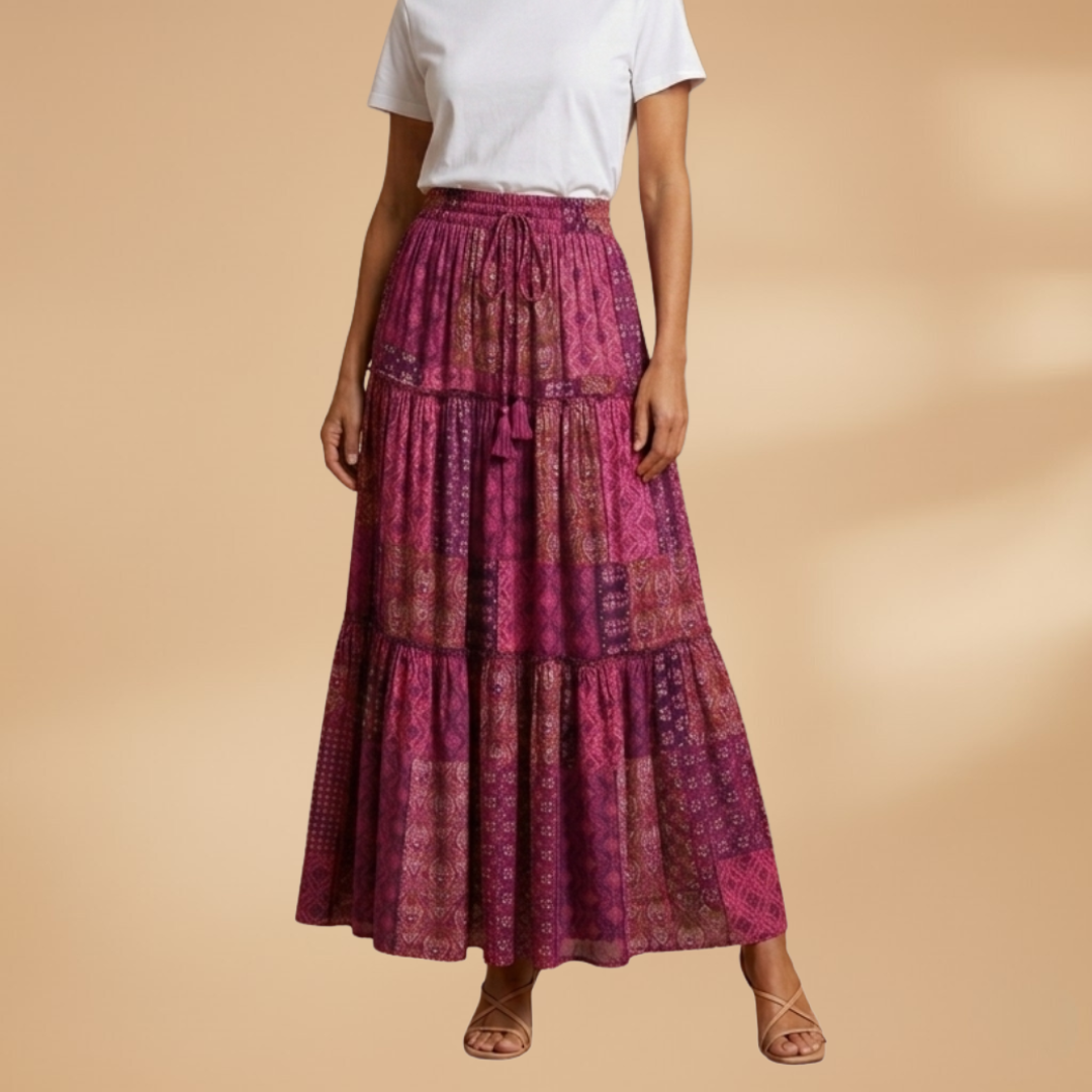 Women’s Long Skirt with Waistband and Pleated Surface