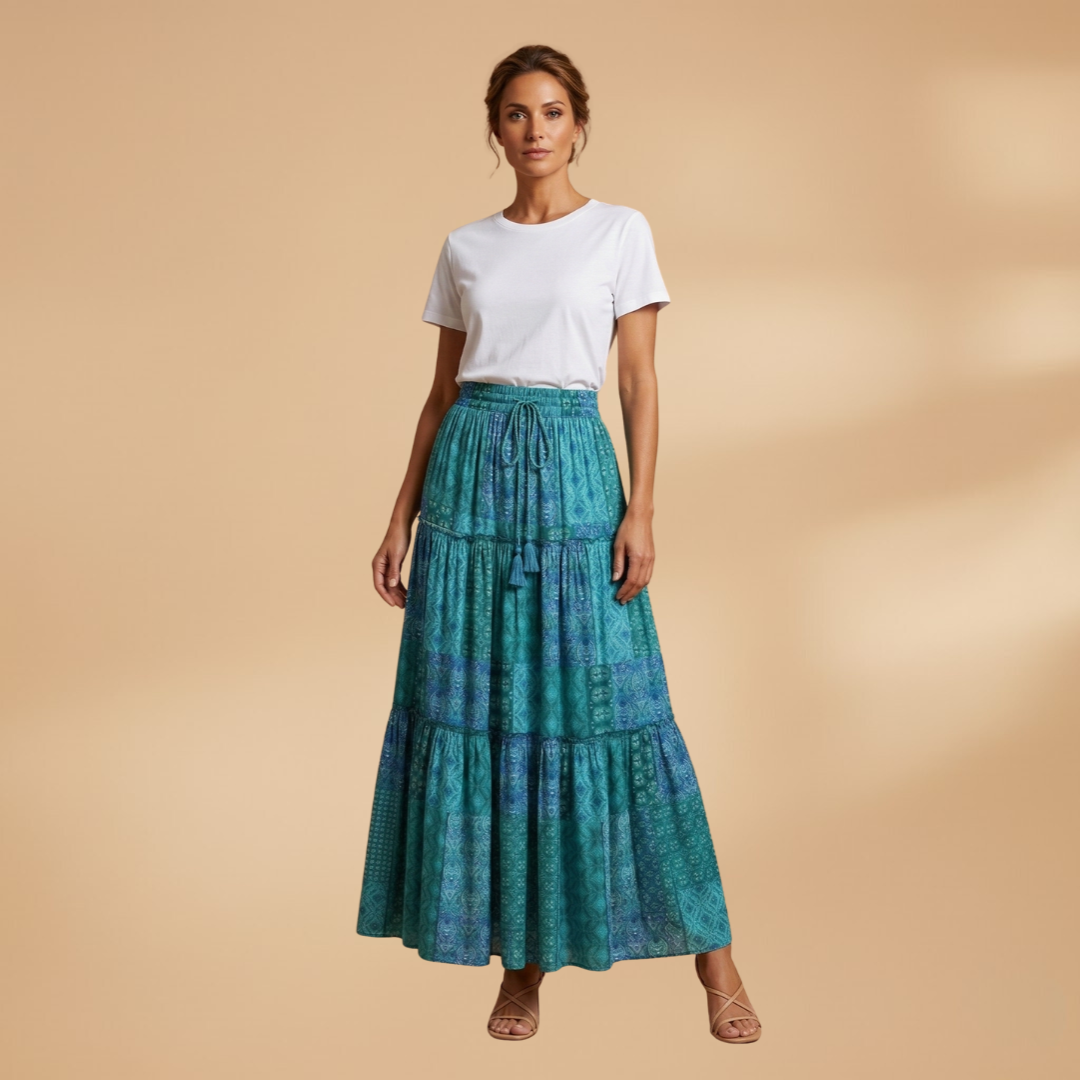 Women’s Long Skirt with Waistband and Pleated Surface