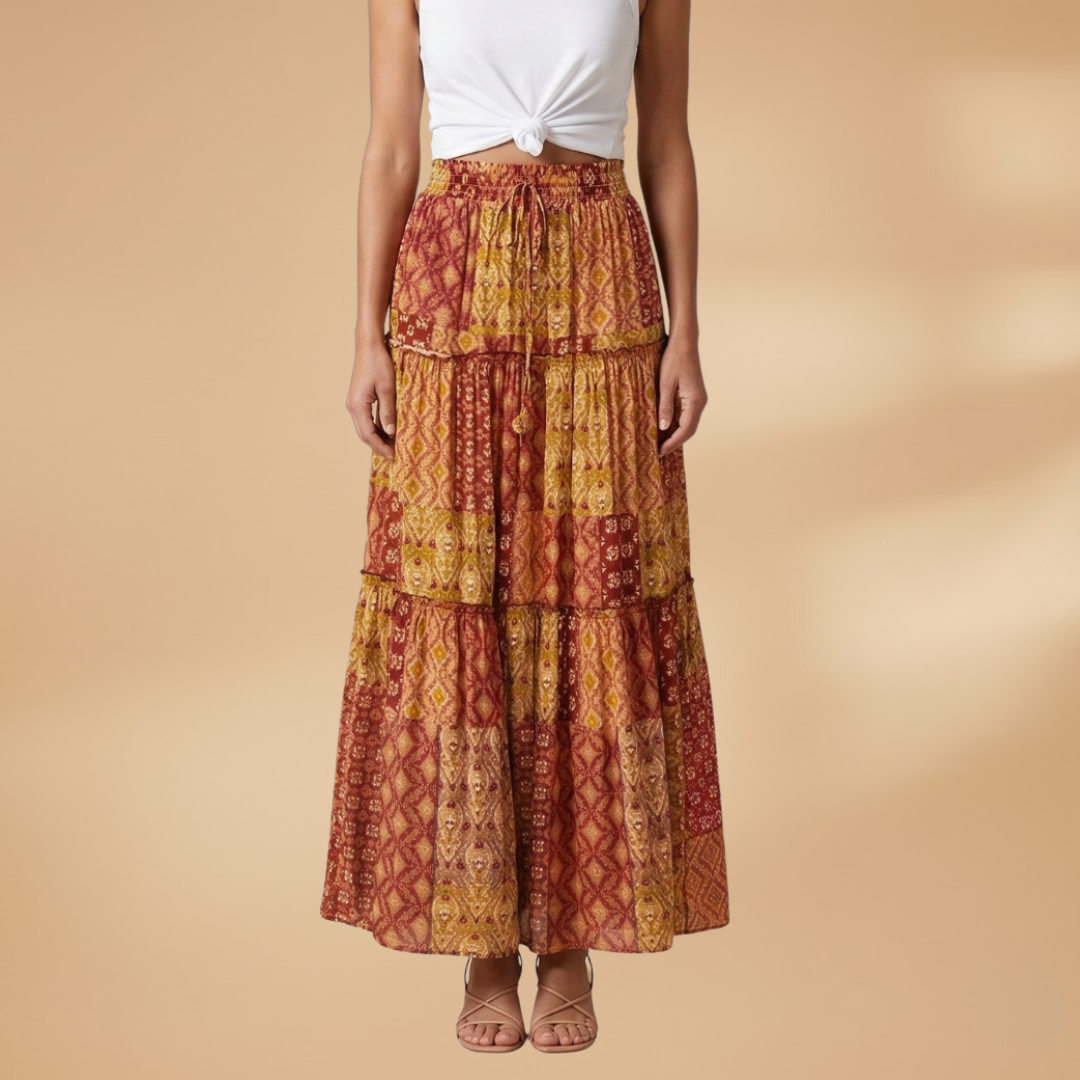 Women’s Long Skirt with Waistband and Pleated Surface