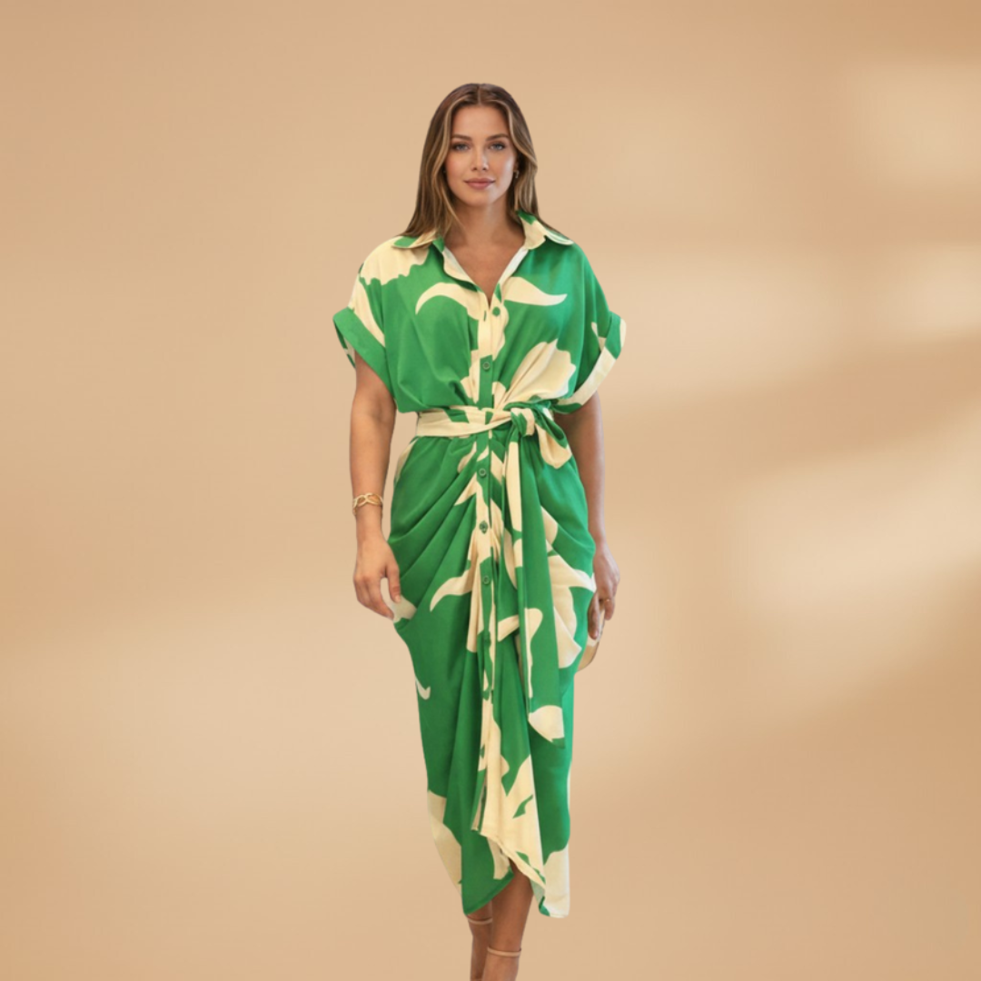 Women's Midi Dress with Short Sleeves and Tie Waist